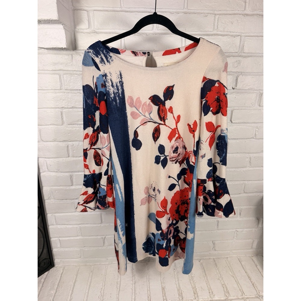 Anthropologie Maeve XS Floral Sweater Dress Bell Sleeve Cream Blue Red